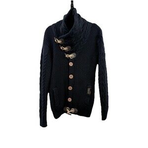 LEIF NELSON Men's Cable Knit Sweater Black Chunky Shawl Collar Wood Toggles L